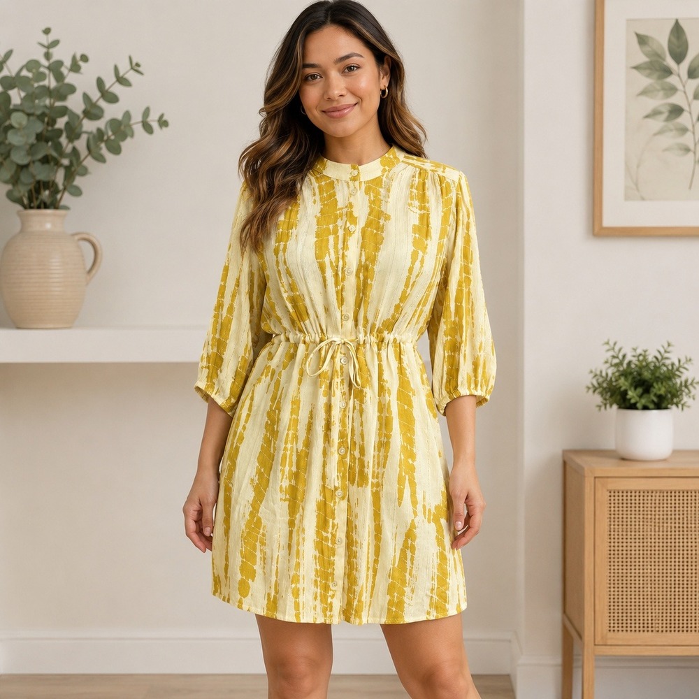 ba&sh Mini Dress Women's 1 Yellow Tie Dye Button Front Drawstring Waist Boho